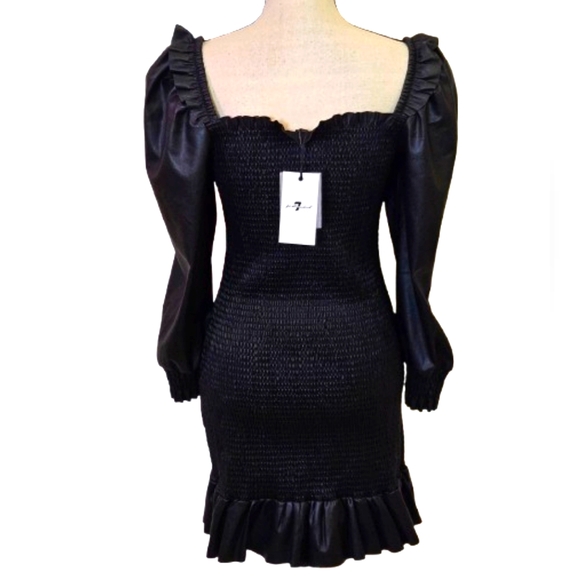 7 For All Mankind Black  Smocked,Long Sleeve,Faux Leather Dress,Medium,NWT - Picture 3 of 16